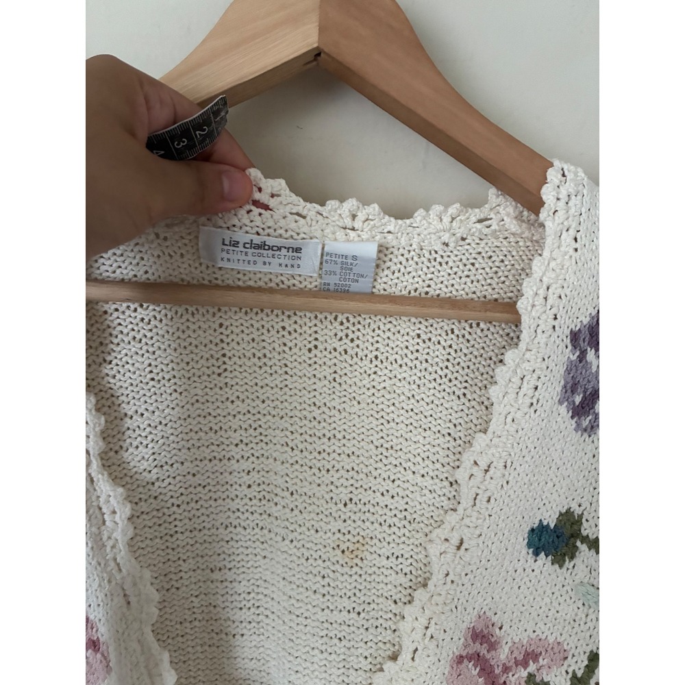 Liz Claiborne Vintage Floral Silk Cotton Cardigan Petite S Cottagecore Cream - Picture 2 of 9